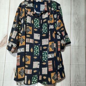 Vintage Style Patchwork Print Button Down 3/4 Sleeve Tunic Top‎